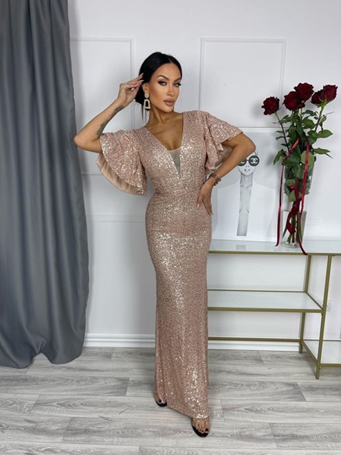 Sukienka długa cekinowa rękawek motylek złota