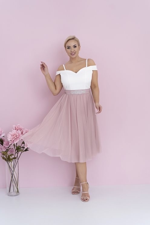 Sukienka midi hiszpanka z tiulem biało-różowa