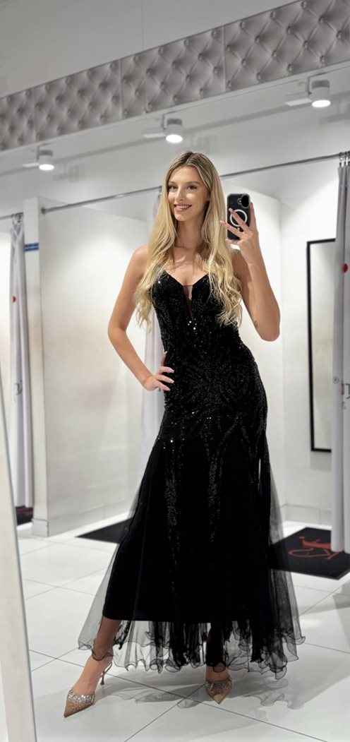 Sukienka długa cekinowa krój rybki siateczka czerń