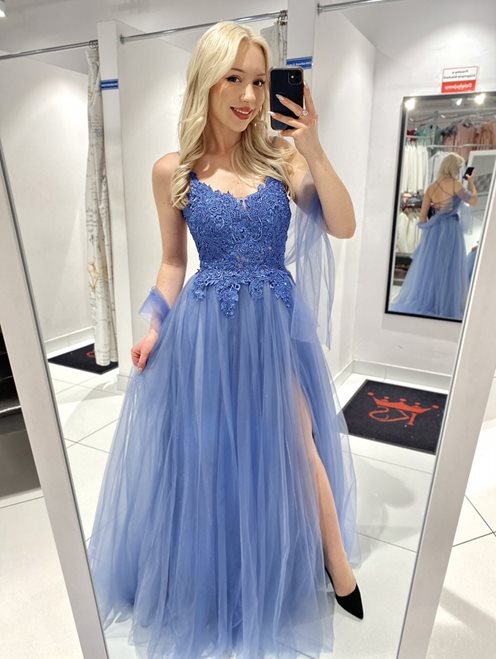 sukienka długa tiul koronka górą niebieski