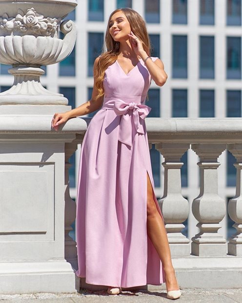 Sukienka długa gruby pas zakładki róż