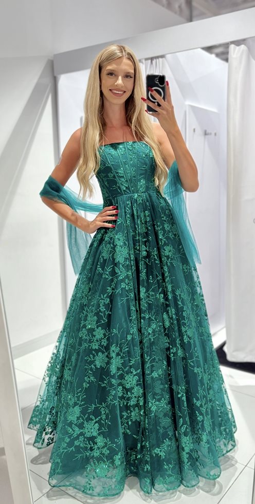 Sukienka długa tiulowa zdobiona brokatem zieleń