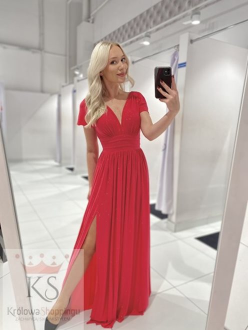 Sukienka długa brokat odcięcie i rękawek malina