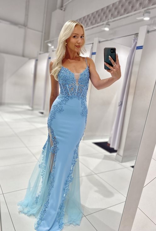 Sukienka długa syrenka zdobiona gorset tiul błękit