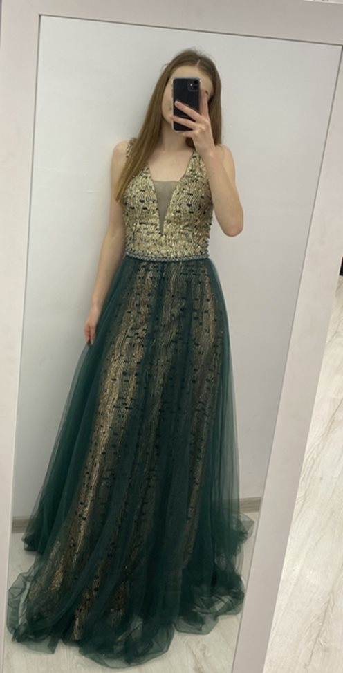 Sukienka tiulowa brokatowa perły zielony/złoty