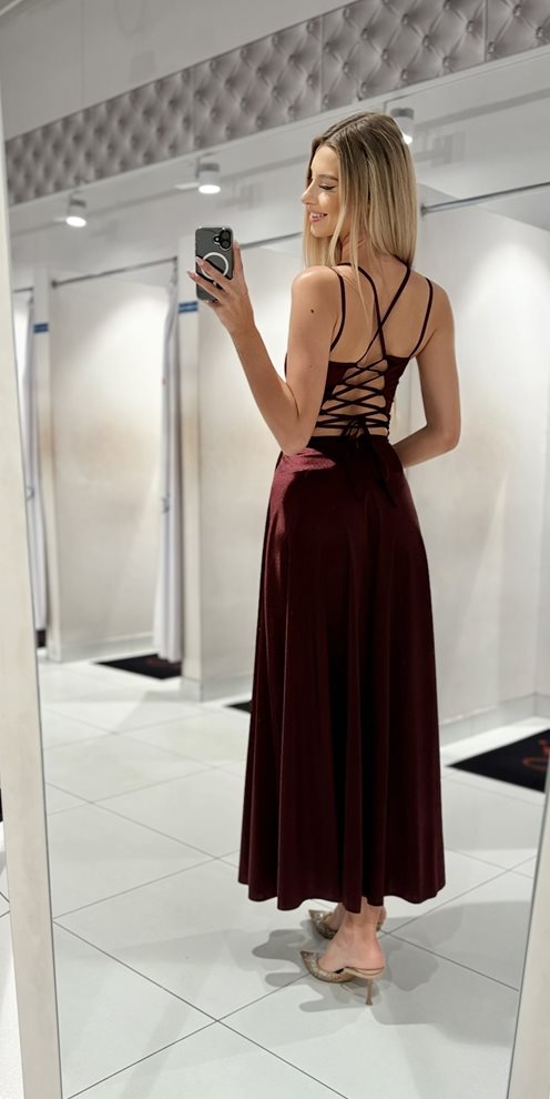 Sukienka długa satyna wiązane plecy burgund