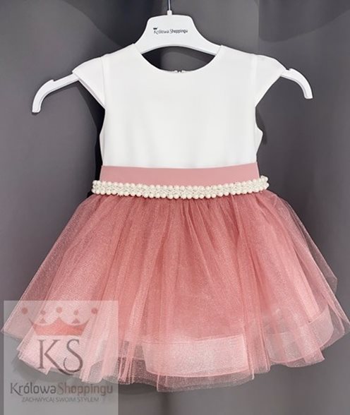 Sukienka dziecięca tiulowa perełki biel/róż