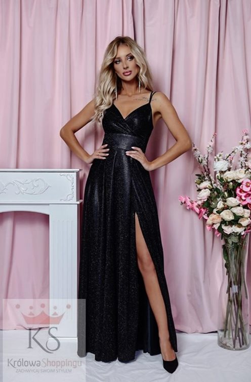 Sukienka długa na ramiączkach brokat czerń