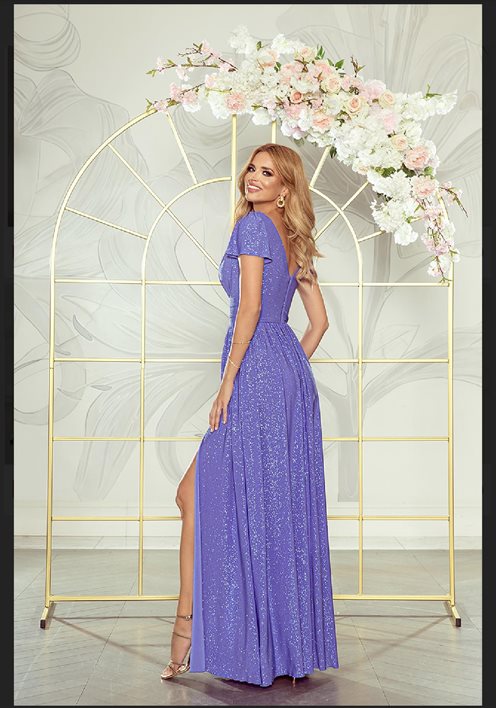 Sukienka długa brokat odcięcie i rękawek fiolet