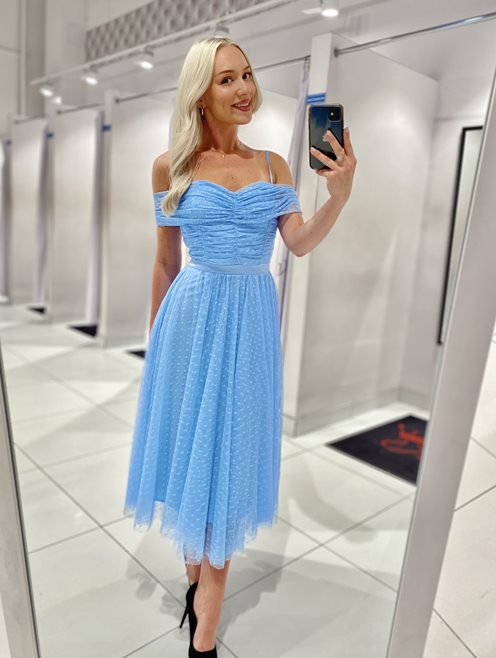 Sukienka midi hiszpanka groszki błękit