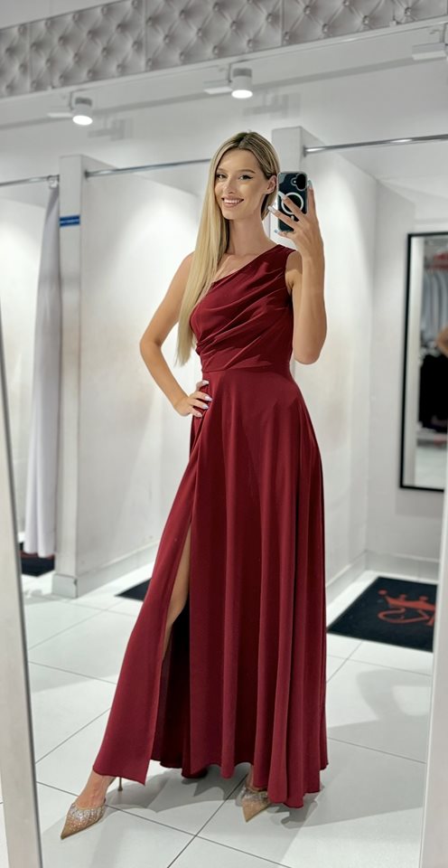 Sukienka długa asymetryczne wiązanie burgund