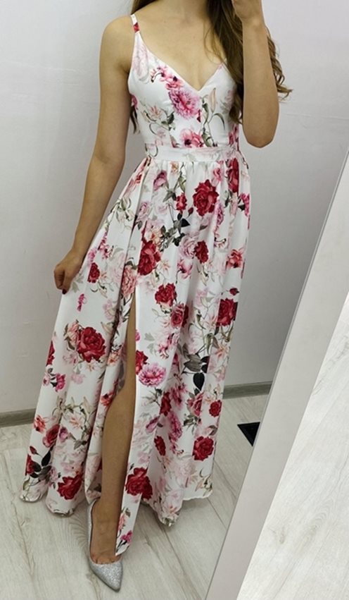 Sukienka długa 2 rozcięcia ramiączka biel