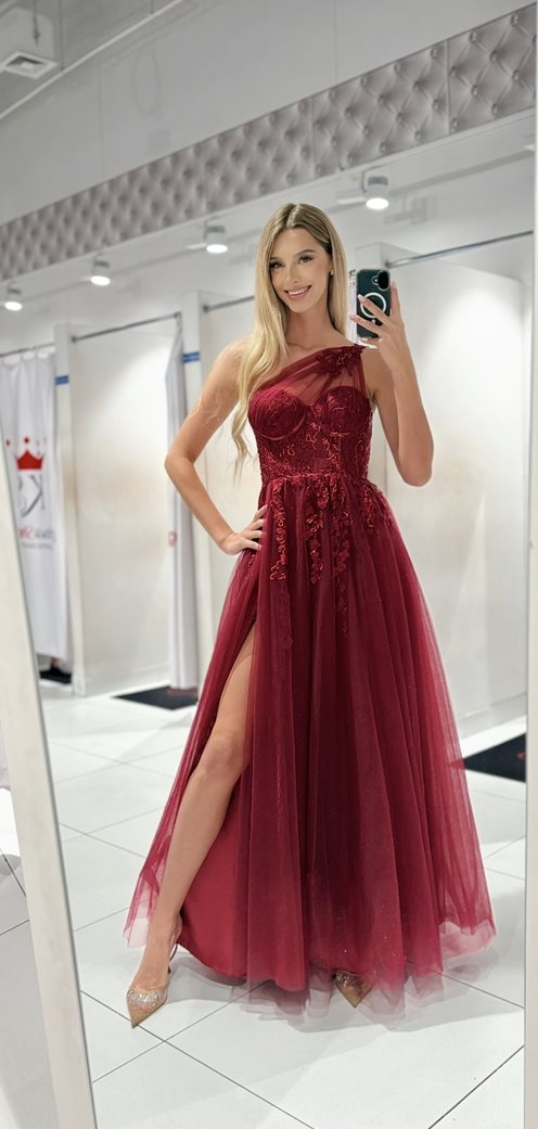 Sukienka długa tiul asymetria kwiaty brokat bordo