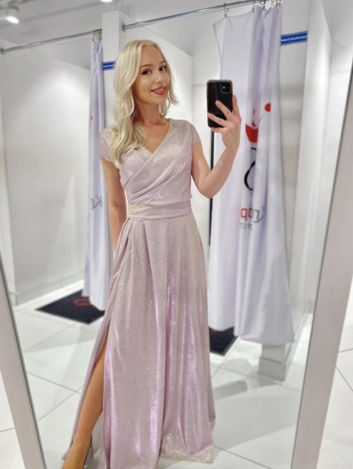 Sukienka długa brokatowa z rękawkiem złoto