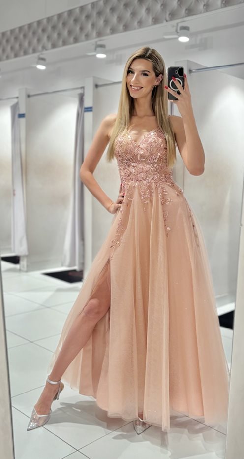 Sukienka długa zdobienia brokat puder róż