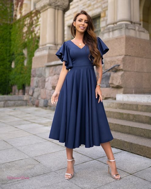 Sukienka midi gładka rękaw falbanki granat