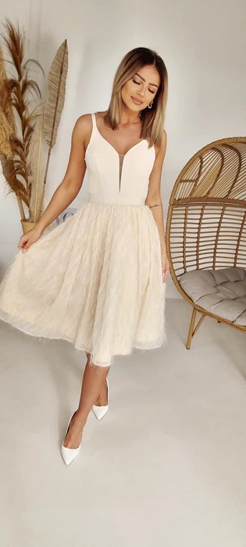 Sukienka midi ramiączka zdobny dół wanilia