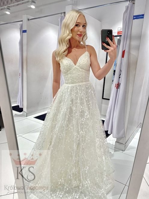 Sukienka długa wzór kwiat naszywany ecru