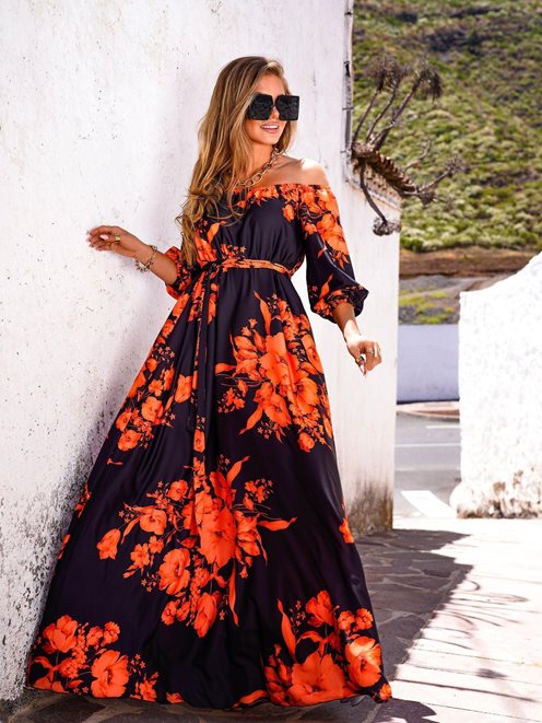 Sukienka długa hiszpanka wzór kwiaty czerń
