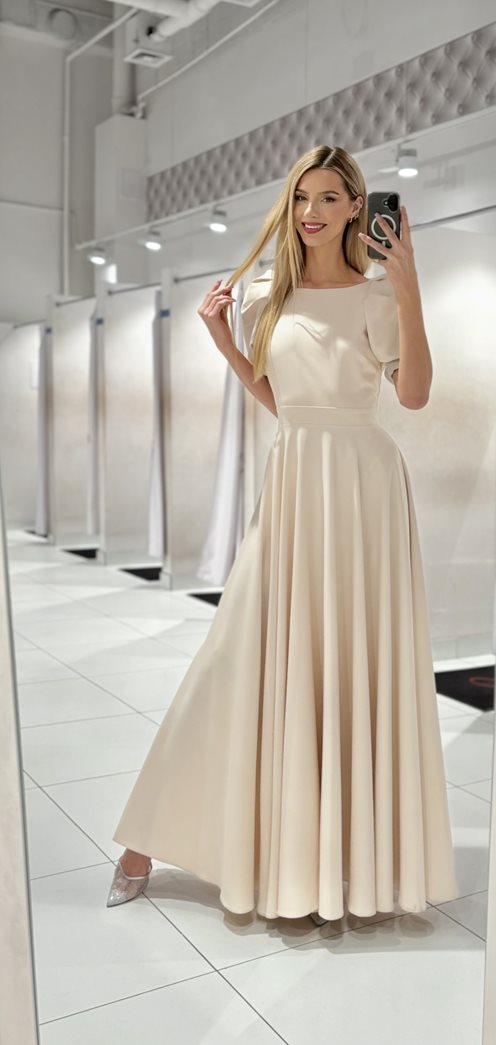 Sukienka długa bufiaste rękawki ecru