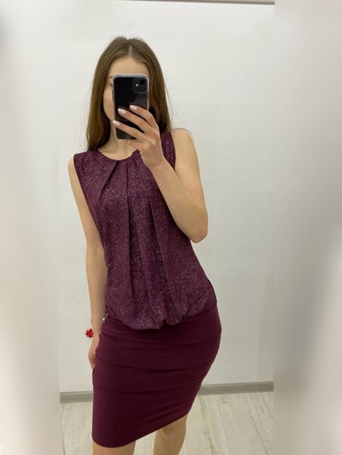 Krótka sukienka gładki dół brokat burgund