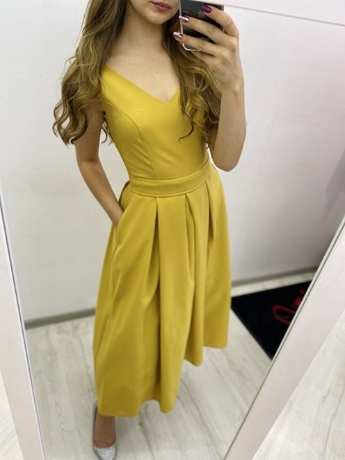 Sukienka midi z kieszeniami gładka żółta