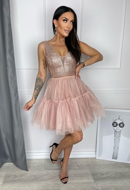 Sukienka krótka ze zdobną górą i tiulem beż