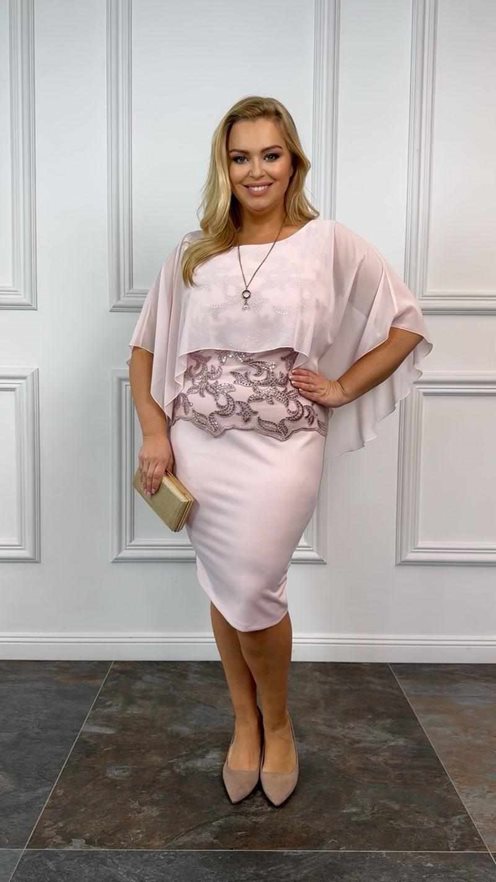 sukienka krótka góra  wzór kwiat dół pudrowy róż