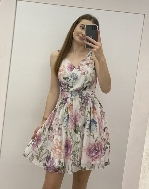 Sukienka krótka kwiatki biała/szary