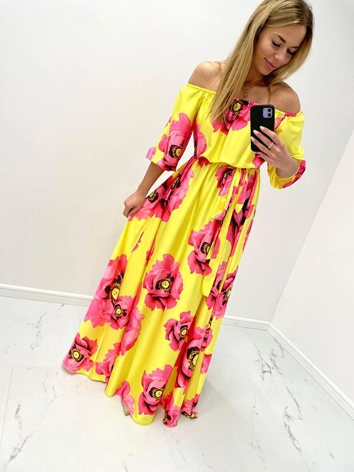 Sukienka długa hiszpanka wzór tropikalny żółta-róż