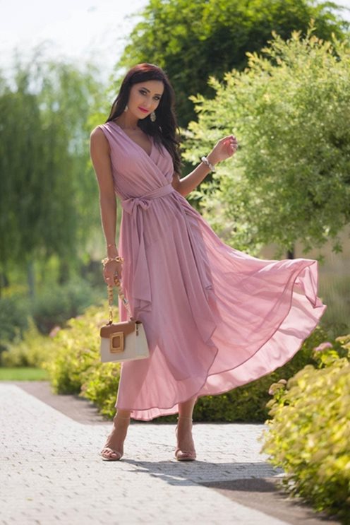 Sukienka długa asymetryczna szyfon róż