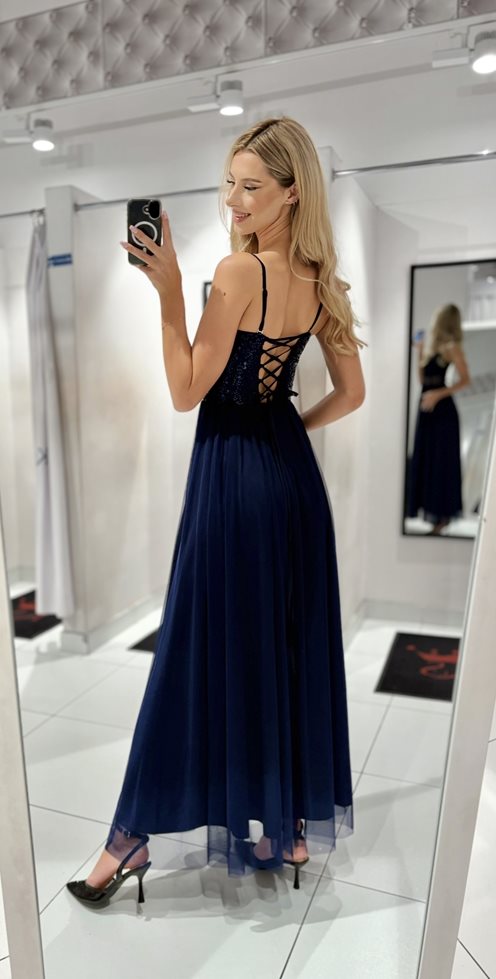 Sukienka długa góra zdobiona tiul granat