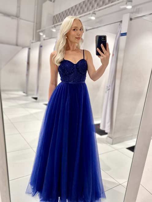 Sukienka długa tiulowa gorset kamyczki granat