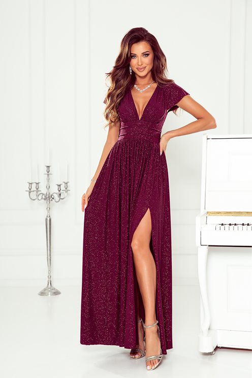 Sukienka długa brokat odcięcie i rękawek bordo