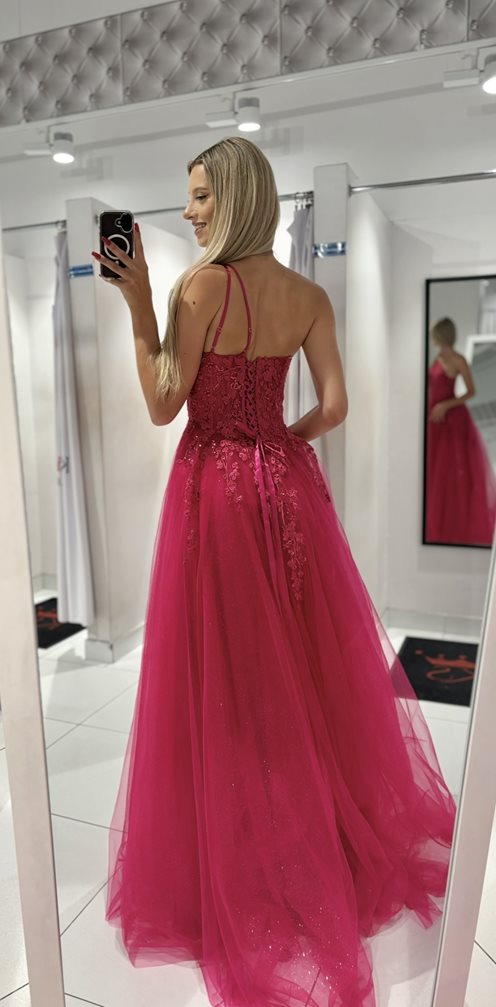 Sukienka długa tiul asymetria kwiaty brokat fuksja