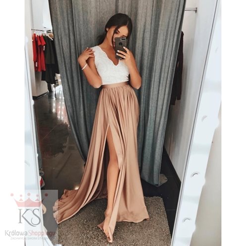 Sukienka długa koronkowy dekolt cappucino/biały