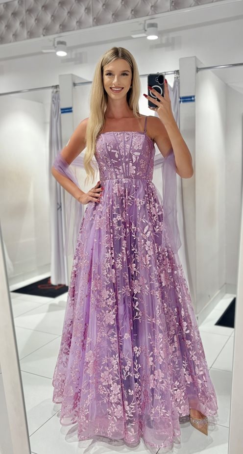Sukienka długa tiulowa zdobiona brokatem lawenda