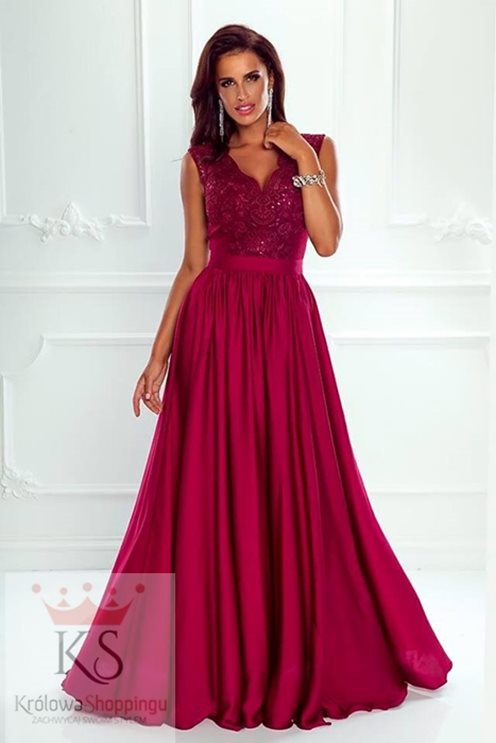 Sukienka długa koronkowy dekolt bordo