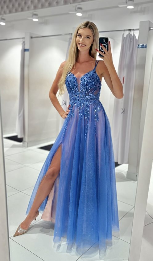 Sukienka długa tiul cekiny gorset puder/jeans