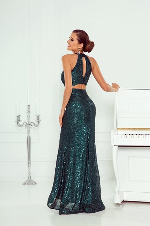 sukienka długa cekinowa pod szyję zieleń