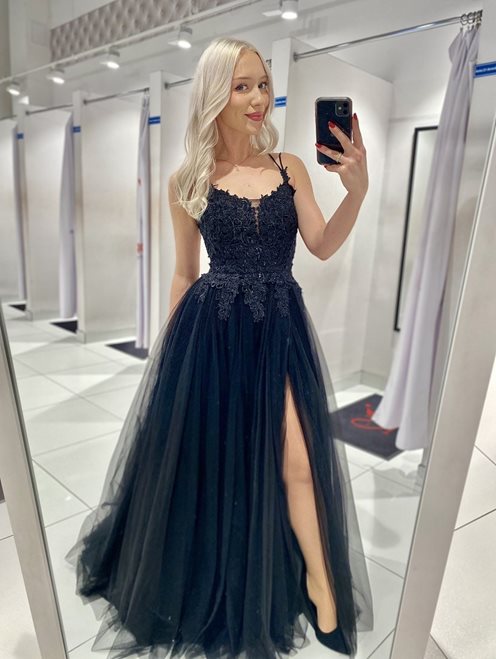 Sukienka długa tiul koronka wiązanie tył czerń