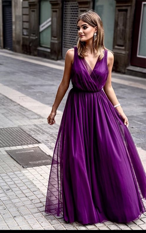 Sukienka długa tiulowa grube ramiączka śliwka