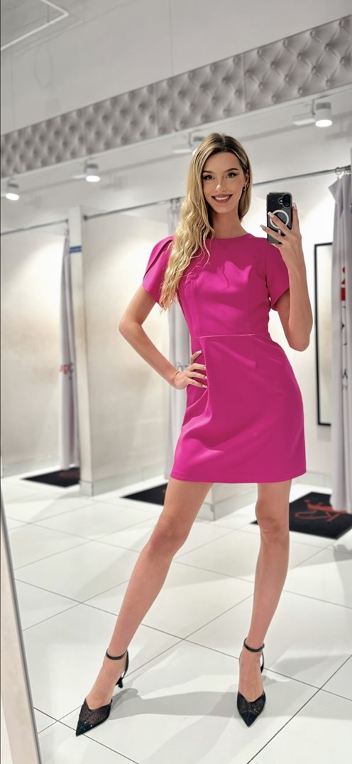 Sukienka krótka rękawek tył wycięcie fuksja