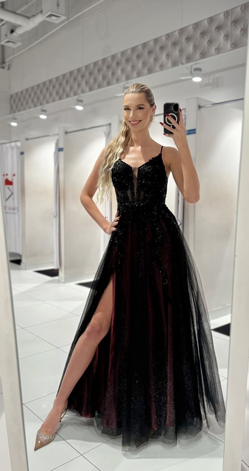 Sukienka długa brokat gorset czerń/bordo