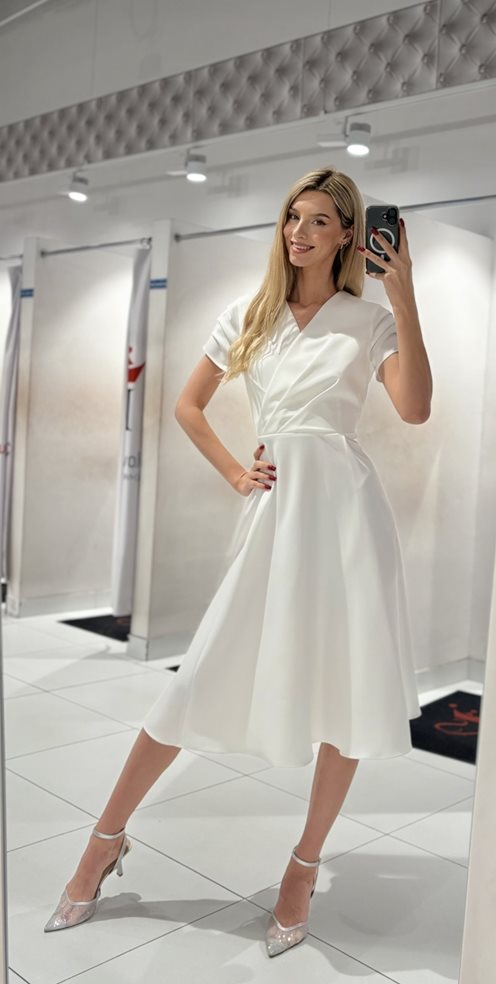 Sukienka midi marszczony rękawek zakładka biel