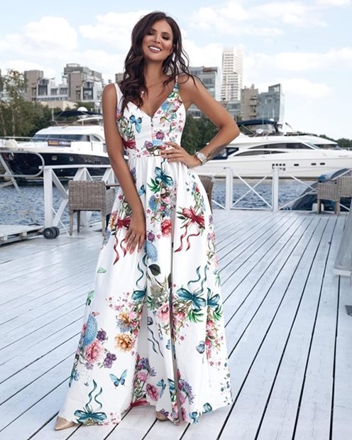 Długa sukienka bez koronki kwiaty motyle