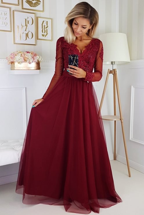 Sukienka długa koronka rękaw dół tiul bordo