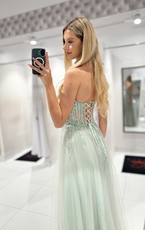 Sukienka tiulowa gorset zdobiony perłami pistacja