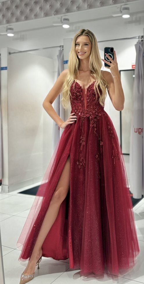 Sukienka długa gorset kwiaty haft brokat bordo