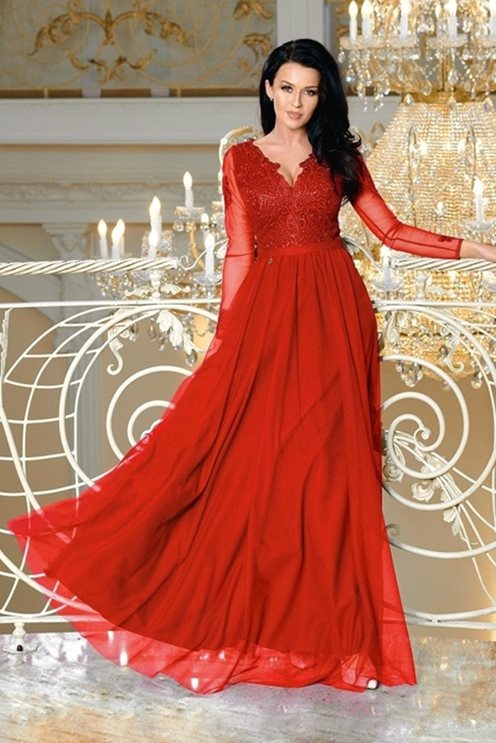 Sukienka długa koronka rękaw dół tiul czerwony